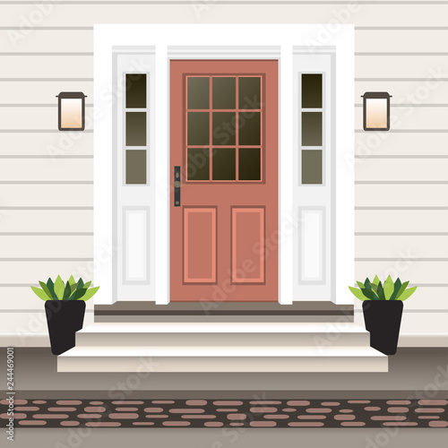 House door front with doorstep and steps porch  window  lamp  flowers in pot  building entry facade  exterior entrance design illustration vector flat style