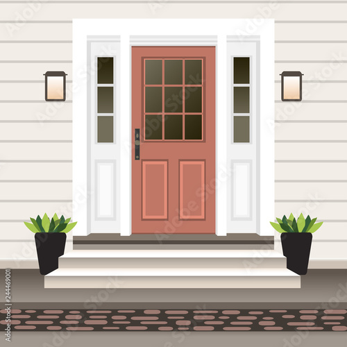 House door front with doorstep and steps porch, window, lamp, flowers in pot, building entry facade, exterior entrance design illustration vector flat style