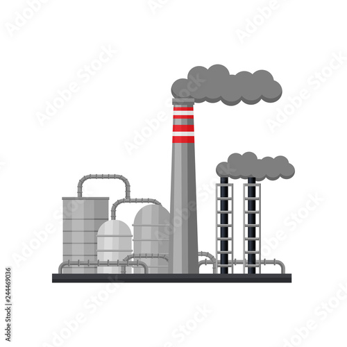 Industry factory with large steel cisterns and smoking pipes. Industrial zone. Metallurgical plant. Flat vector design