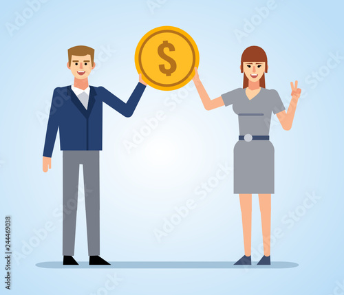Businessman and woman holds big golden coin. Teamwork, achievement. Flat design vector illustration