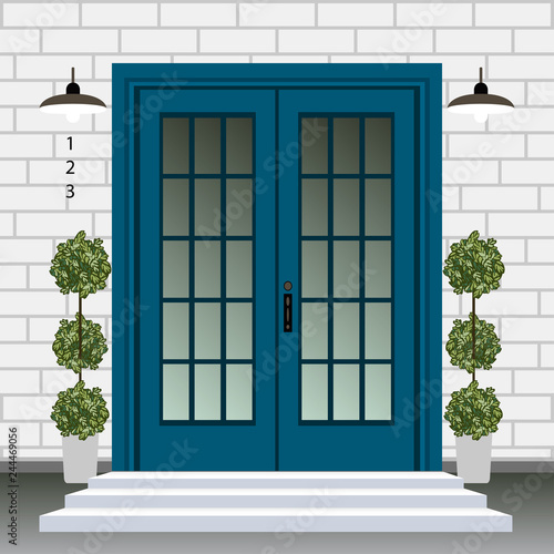 House door front with doorstep and steps, lamp, flowers in pots, building entry facade, exterior entrance with brick wall design illustration vector in flat style