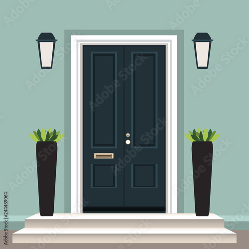 House door front with doorstep and steps porch, lamp, flowers in pot, building entry facade, exterior entrance design illustration vector flat style