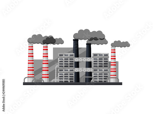 Exterior of industrial factory with buildings, smoking pipes. Large metallurgical plant. Flat vector design