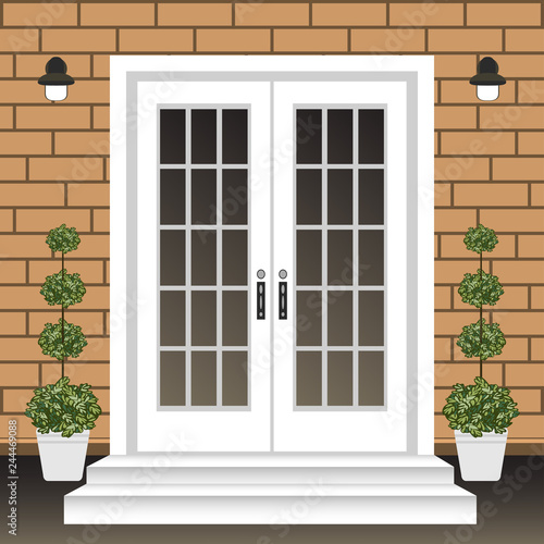 House door front with doorstep and steps, lamp, flowers in pots, building entry facade, exterior entrance with brick wall design illustration vector in flat style