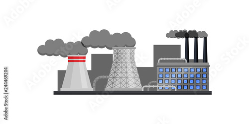 Nuclear power plant with buildings and smoking pipes. Manufacturing factory. Industrial architecture. Flat vector design