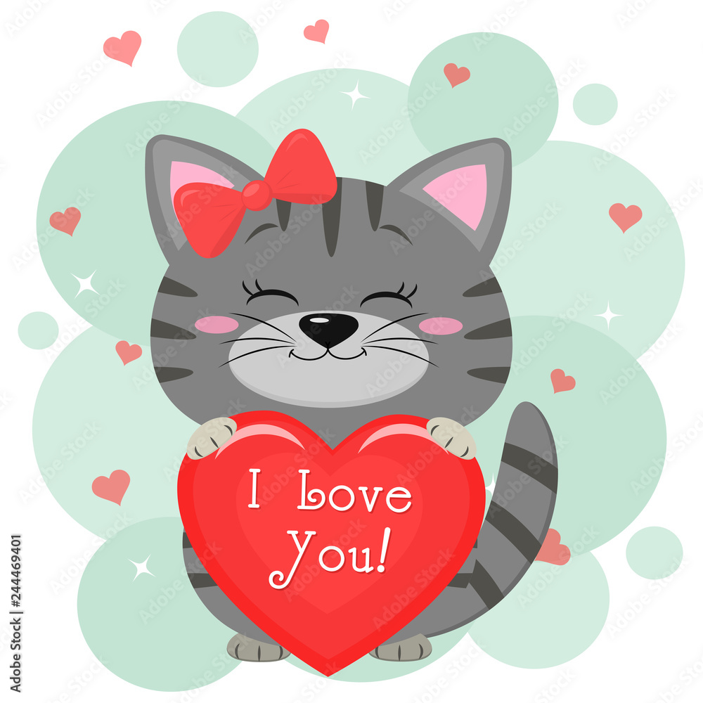 Congratulations on Valentine s Day. A cute gray kitten in a red bow, sits and holds a red heart in its paws. Flat design, cartoon style, vector Congratulations on Valentine s Day. A cute gray kitten in a red bow, sits and holds a red heart in its paws. Flat design, cartoon style, vector