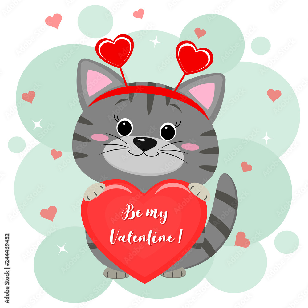 Congratulations on Valentine s Day. A cute gray kitten in a headband with hearts sits and holds a red heart in its paws. Flat design, cartoon style, vector Congratulations on Valentine s Day. A cute gray kitten in a headband with hearts sits and holds a red heart in its paws. Flat design, cartoon style, vector