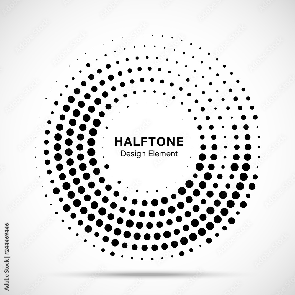 Halftone circle dotted frame circularly distributed. Abstract dots logo emblem design element. Round border Icon using random halftone circle dot raster texture. Half tone circular background pattern. Halftone circle dotted frame circularly distributed. Abstract dots logo emblem design element. Round border Icon using random halftone circle dot raster texture. Half tone circular background pattern.