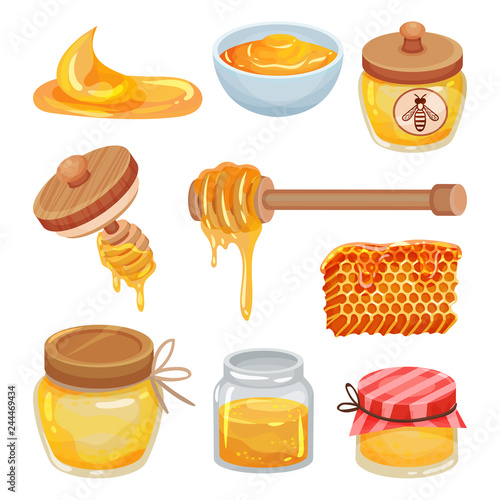 Flat vector set of colorful honey icons. Organic and healthy product. Natural sticky liquid. Sweet food