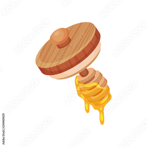 Sweet honey of wooden dipper with lid. Natural and healthy product. Kitchen item. Flat vector design