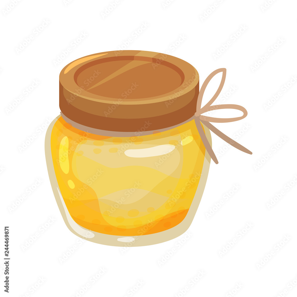 Small glass jar of fresh honey. Organic and healthy product. Sweet food. Cartoon vector design Small glass jar of fresh honey. Organic and healthy product. Sweet food. Cartoon vector design