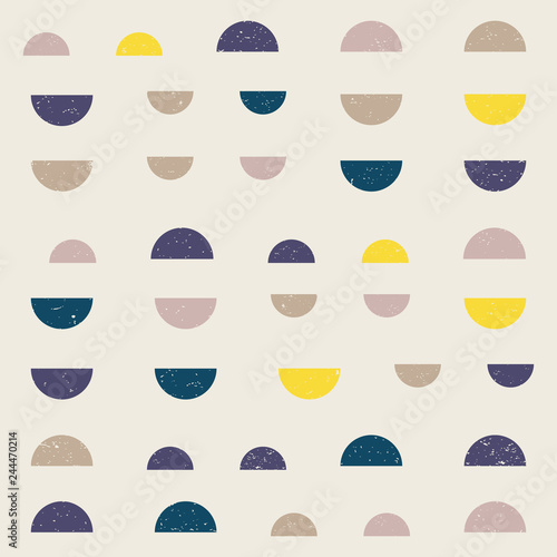Modern vector abstract seamless geometric pattern with semicircles in retro scandinavian style. Worn out textured shapes in fun soft pastel colors combinations.