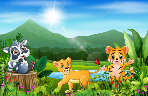 Cartoon of the beautiful landscape with different animals