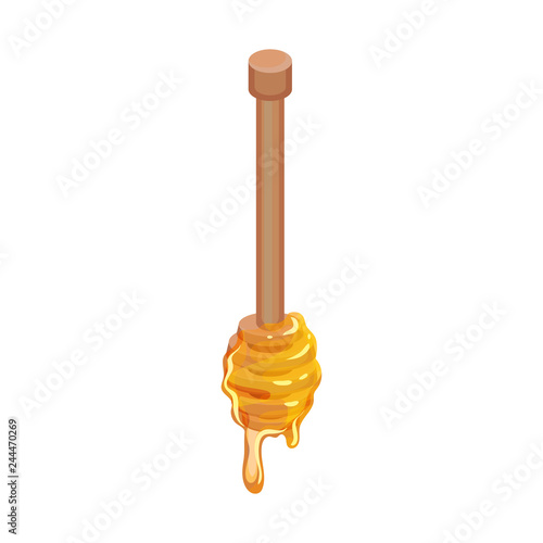 Wooden dipper with fresh flowing honey. Natural and healthy product from apiary farm. Flat vector icon