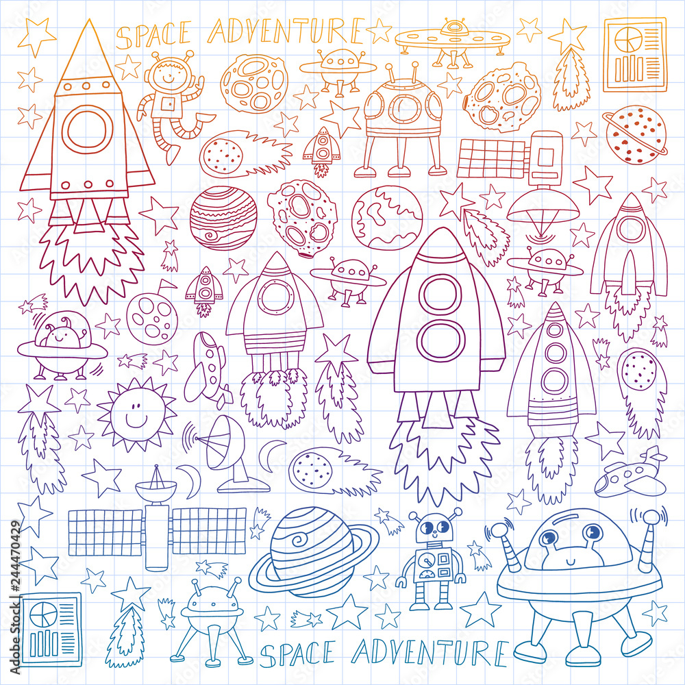 Vector set of space elements icons in doodle style. Painted, colorful, gradient, on a sheet of checkered paper on a white background. Vector set of space elements icons in doodle style. Painted, colorful, gradient, on a sheet of checkered paper on a white background.