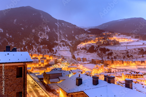 Snowy sunrise in the town of Canillo, Andorra. Cityscape  in Winter. © martinscphoto