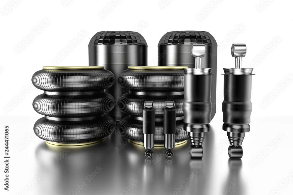 3D rendering. Trucks Cabin Shock Absorber and air spring, New auto parts, spare parts Cabinedemper. Spare parts for shop, aftermarket OEM for cargo car. 3D rendering. Trucks Cabin Shock Absorber and air spring, New auto parts, spare parts Cabinedemper. Spare parts for shop, aftermarket OEM for cargo car.