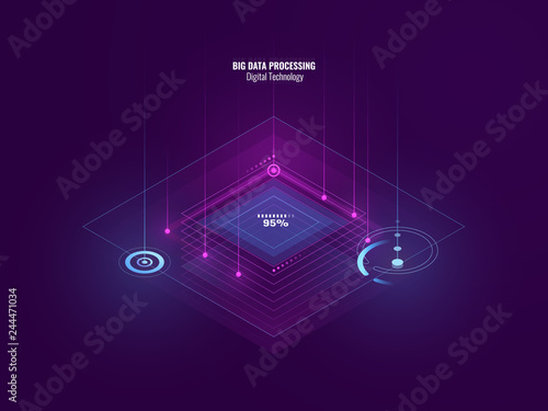 Isometric neon banner of digital technology, big data processing, server room, future of tech, lighting element, line of moving flow of data, internet security, cyberspace, blockchain concept