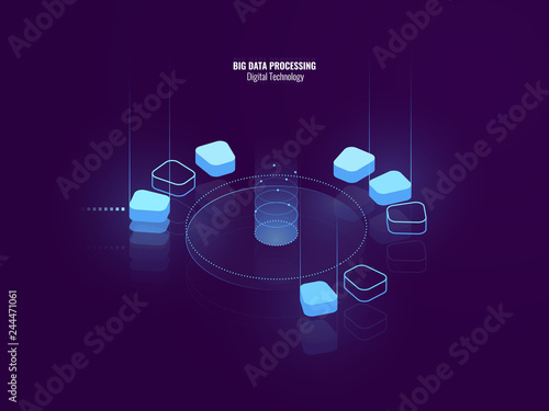 Awesome isometric banner of digital technology, isometric abstract icon of big data processing, conceptual cloud storage, data warehouse of future, blockchain, lighting neon, vector