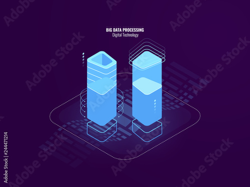 Awesome digital technology abstract concept, server room farm, blockchain security tech, database and data center, infographic of big data processing, blue neon banner flat vector