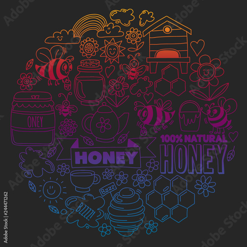 Vector image of bees, organic farm honey. Pattern with summer flowers. Healthy food.