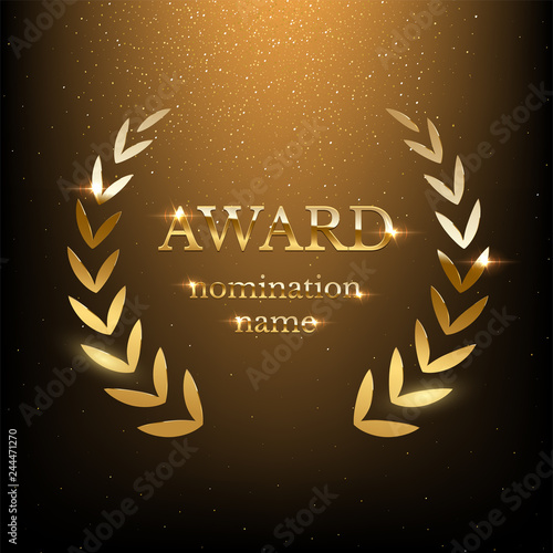 Golden shiny award sign with laurel wreath isolated on dark luxury background. Vector illustration.