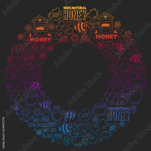 Vector image of bees, organic farm honey. Pattern with summer flowers. Healthy food.