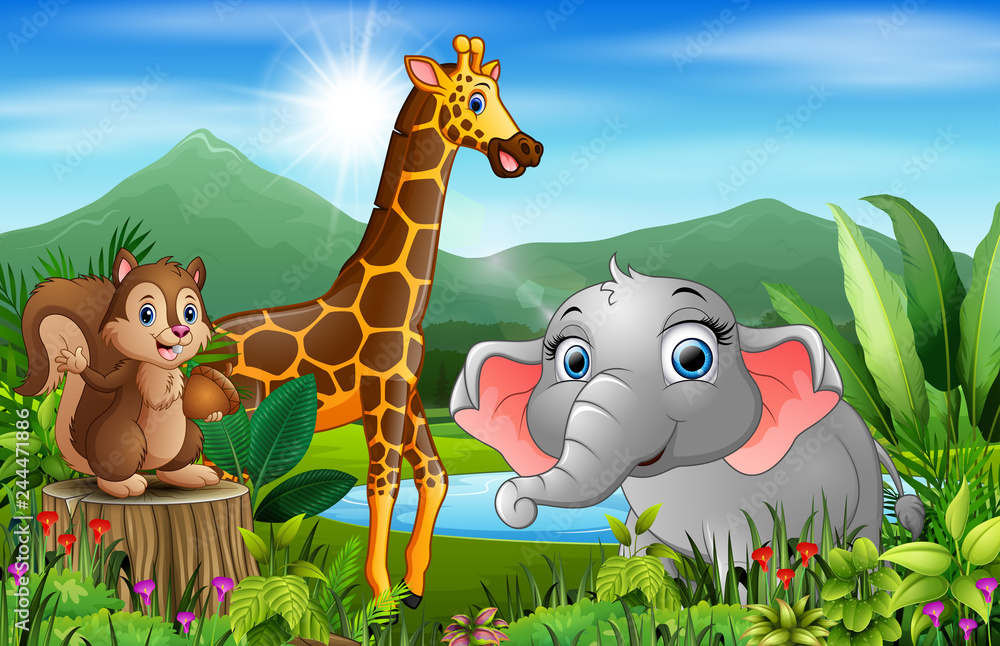 Fototapeta premium Cartoon of the beautiful landscape with different animals