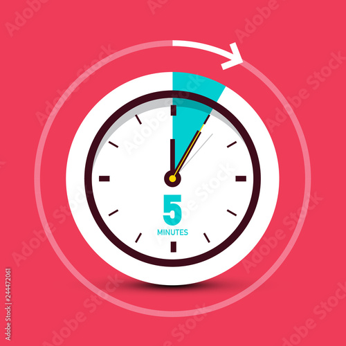5 Five Minutes Vector Clock Icon with Arrow on Red Background