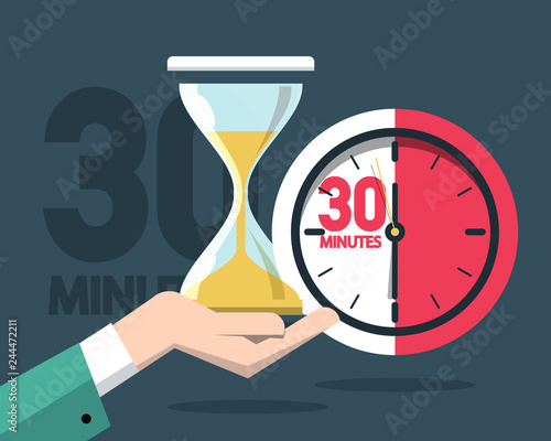 30 Minutes Clock Timer. Vector Time Symbol with Hourglass.
