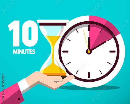 Ten 10 Minutes Counter Clock and Hourglass Vector Flat Design Icon