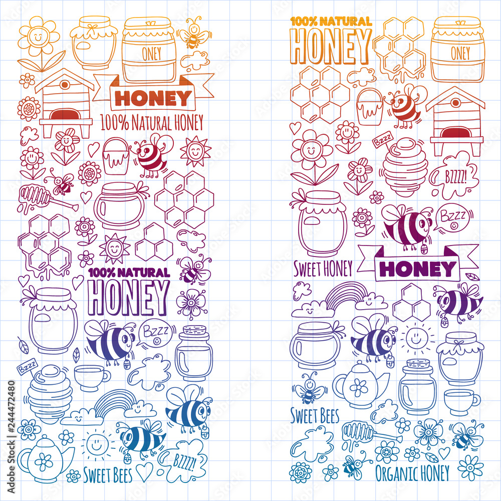 Vector image of bees, organic farm honey. Pattern with summer flowers. Healthy food. Vector image of bees, organic farm honey. Pattern with summer flowers. Healthy food.