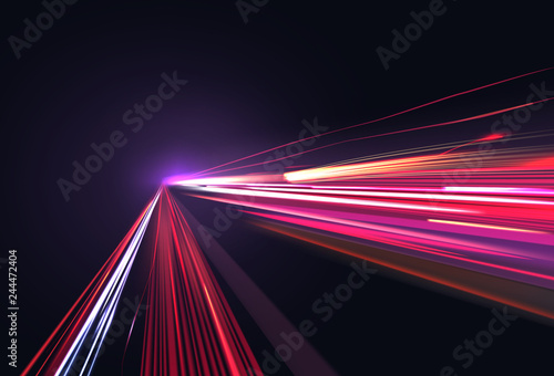 Vector image of colorful light trails with motion blur effect, long time exposure isolated on background