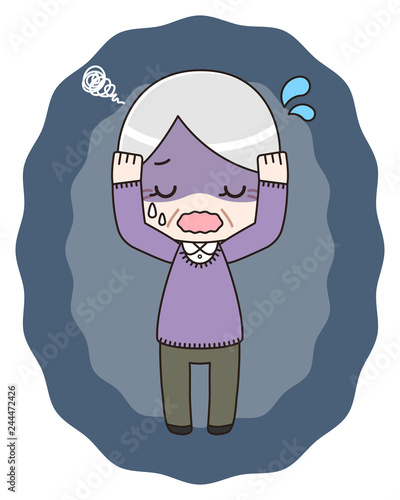 混乱するシニア女性（全身/背景付き）