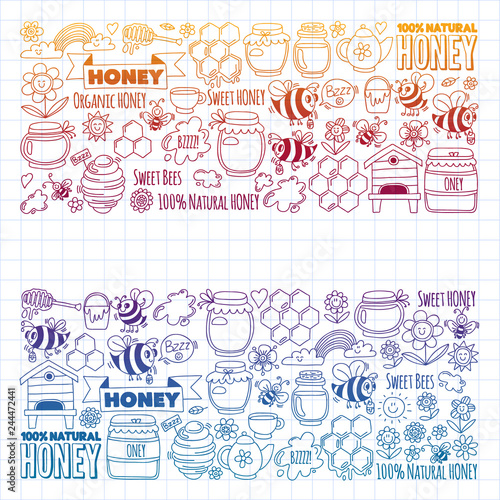 Vector image of bees, organic farm honey. Pattern with summer flowers. Healthy food.