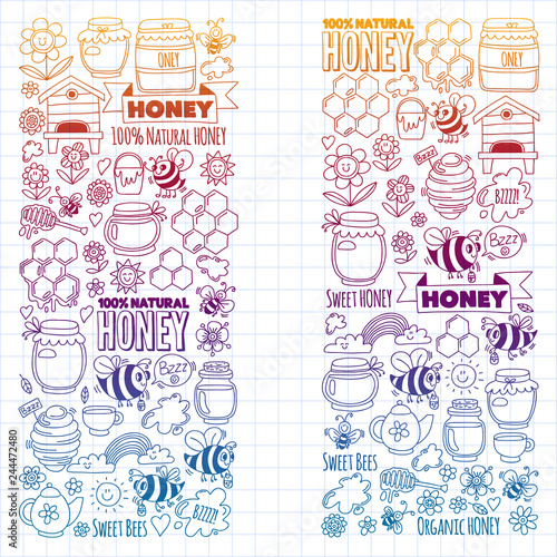 Vector image of bees, organic farm honey. Pattern with summer flowers. Healthy food.