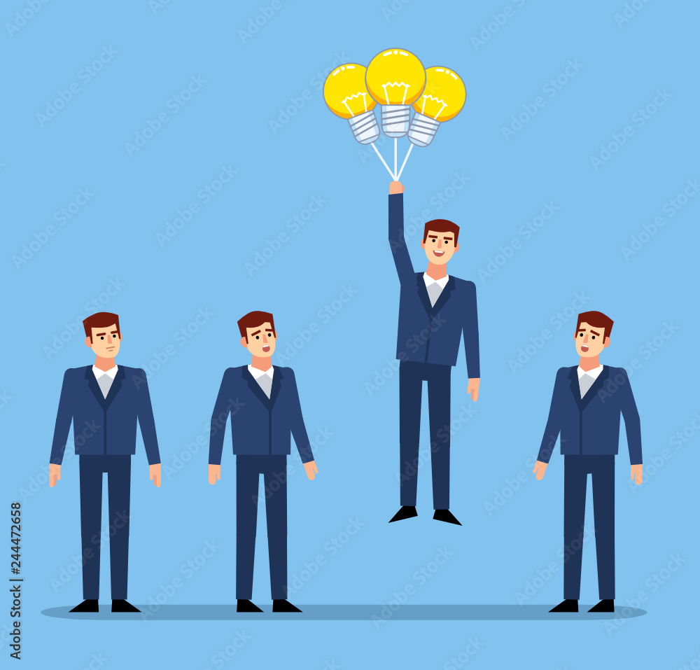 Businessman flying on idea balloons. Stand out of the crowd concept, achievement, successful startup. Flat design vector illustration