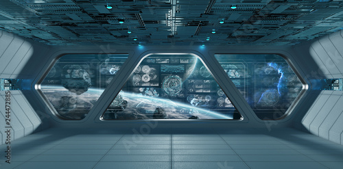 Fototapeta Naklejka Na Ścianę i Meble -  Blue spaceship interior with control panel screens 3D rendering