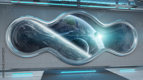 Fototapeta Naklejka Na Ścianę i Meble -  White tech spaceship round window interior background 3D rendering