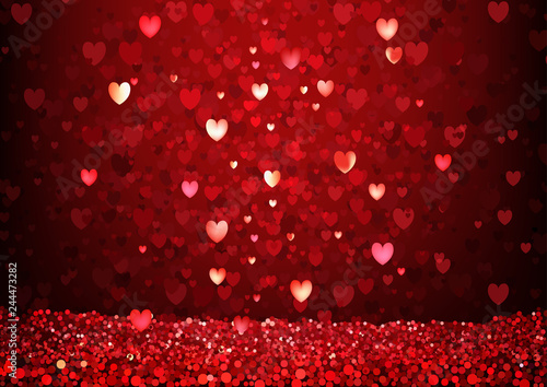 Red Glittering Hearts Background - Valentines Day Greeting Card or Red Abstract Love Illustration, Vector