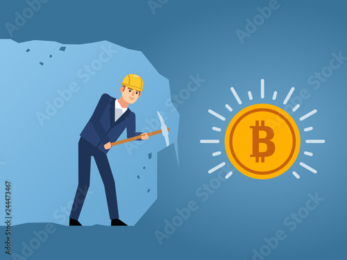 Businessman in cave mining bitcoins. Simple style vector illustration