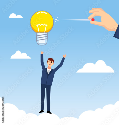 Businessman flying on idea balloon, hand holds needle ready to pierce the balloon. Business intervene, obstacles, steal idea. Simple style vector illustration