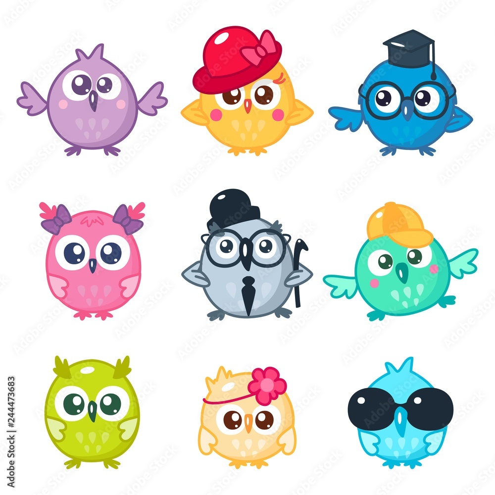 Set of cute colorful owls with different glasses and hats. Cartoon bird emojis and stickers. Vector illustration. Kawaii style. Set of cute colorful owls with different glasses and hats. Cartoon bird emojis and stickers. Vector illustration. Kawaii style.
