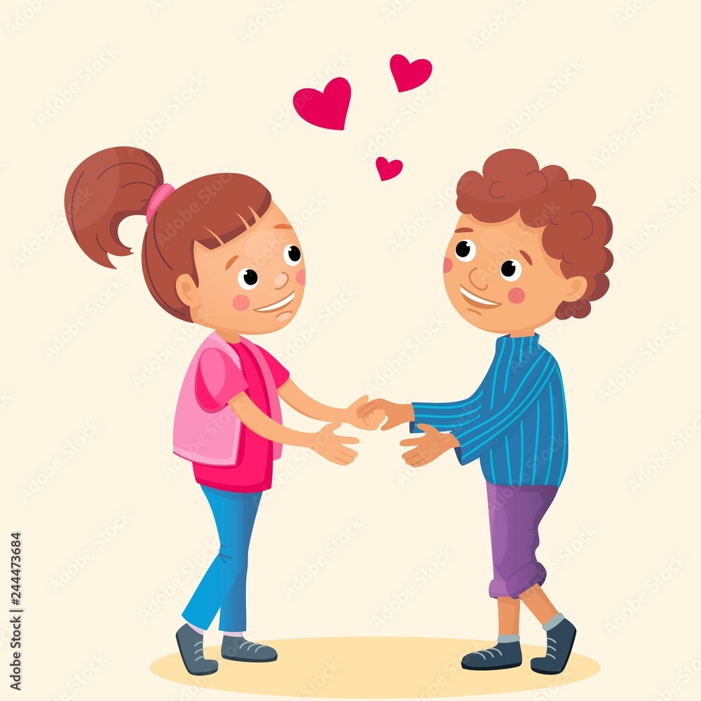 Pretty girl and curly boy hold hands each other. Cartoon illustration for  valentine day. Falling in love concept. Vector characters Stock Vector |  Adobe Stock