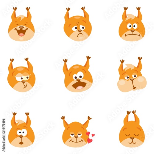 Set of squirrel emojis and stickers. Vector illustration. Cartoon flat characters