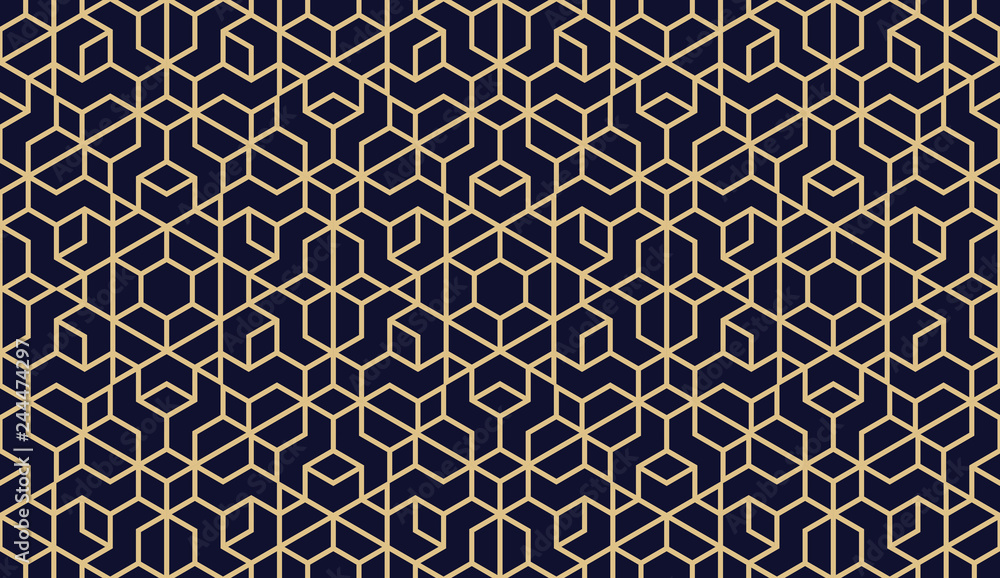 The geometric pattern with lines. Seamless vector background. Dark blue and gold texture. Graphic modern pattern. Simple lattice graphic design