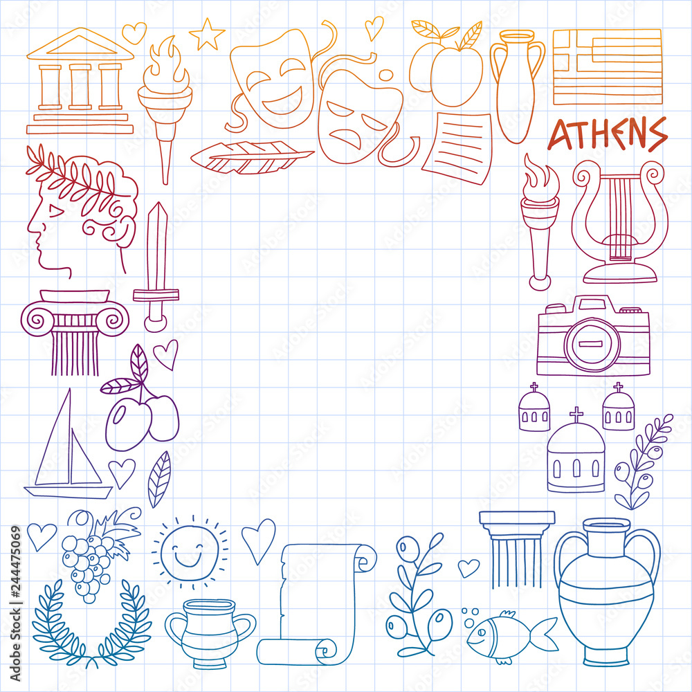 Travel to Greece. Vector set with doodle style icons