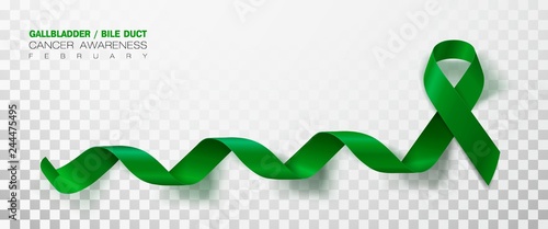 Gallbladder and Bile Duct Cancer Awareness Month. Realistic Kelly Green ribbon symbol. Medical Design. Vector Illustration.