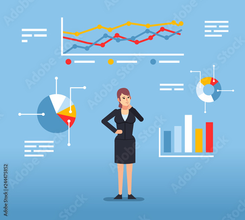 Businesswoman looks at various charts and diagrams. Business management concept. Flat design vector illustration