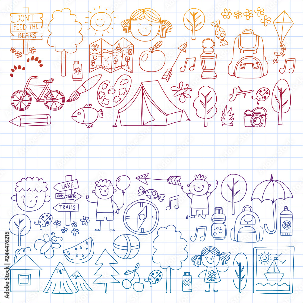 Vector set of camping, hiking icons for little children. School and kindergarten kids vacation. Vector set of camping, hiking icons for little children. School and kindergarten kids vacation.
